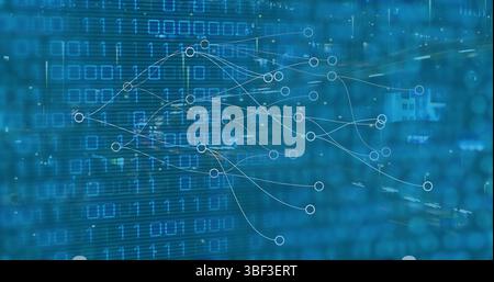 Image of connections and binary code on blue background Stock Photo