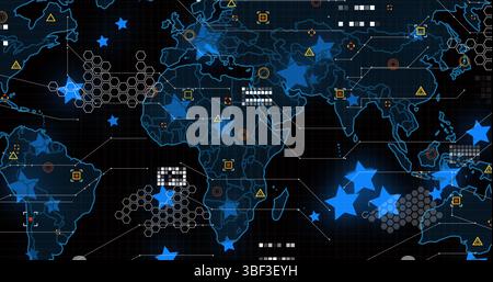 Digital image of blue star icons over data processing and world map against black background Stock Photo