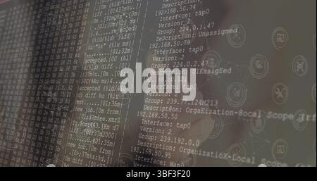 Image of falling icons over data processing on dark background Stock Photo