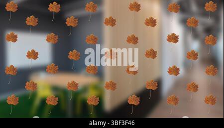 Image of fall leaves moving over blurred restaurant Stock Photo