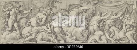 Italy, Polidoro da Caravaggio, Italy, Galestuzzi, Giovanni Battista, The life of Niobe, Apollo and Diana kill the children of Niobe, verso - stamped, Apollo and Diana, both with arrow and bow, kill the children of Niobe. Several children lie dead on the ground, others try to flee. Niobe's on the right. Margin left: D., print, height 112 mm, width 344 mm, Work concept, Italian, 1618 - 1661, after print of, 1625 - 1669, paper, etching, 1490 - 1543, after painting of Stock Photo