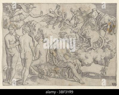 Italy, Raphael, Italy, Master of the Dice, Venus with Amor and Jupiter with Ganymede, verso paper - stamped, In the foreground is Venus with the sleeping Amor between her legs. To the left are the three gratuities, one with a flute in the hands. In the air left Mercury, in the middle Jupiter in the form of an eagle with Ganymede on the back and right Phaëthon falling off his car through the lightning bolt of Jupiter., print, height 163 mm, width 223 mm, Italian, German, printmaker, 1530 - 1560, paper, engraving, engraving (printing process), sheet tone, Work conception, 1483-04-07 - 1520-04-07 Stock Photo