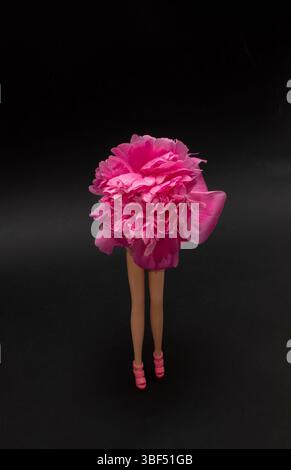 Pink peony on a doll legs against black background. Head in the clouds concept. Stock Photo