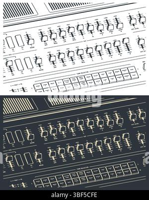 Analog synthesizer close-up stylized vector illustrations. Panel with buttons, knobs, sliders and other controls Stock Vector