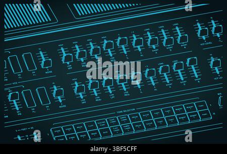 Analog synthesizer close-up stylized vector illustration. Panel with buttons, knobs, sliders and other controls Stock Vector