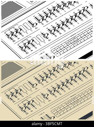Analog synthesizer close-up stylized vector illustrations. Panel with buttons, knobs, sliders and other controls Stock Vector