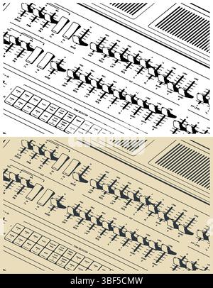 Analog synthesizer close-up stylized vector illustrations. Panel with buttons, knobs, sliders and other controls Stock Vector