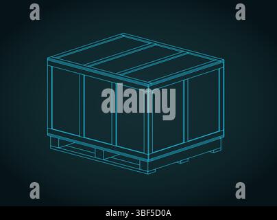 Large wooden shipping crate isometric blueprint stylized vector illustration Stock Vector