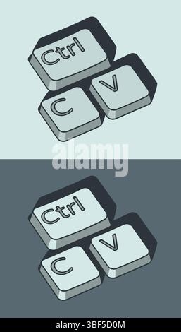Ctrl c and ctrl v keys stylized ironic and comic vector illustrations Stock Vector