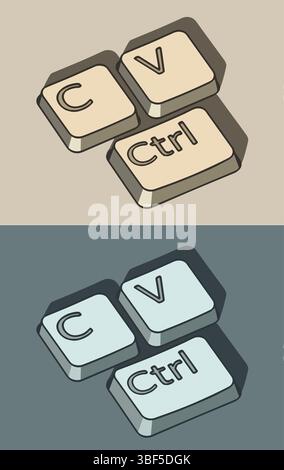Ctrl c and ctrl v keys stylized ironic and comic vector illustrations Stock Vector