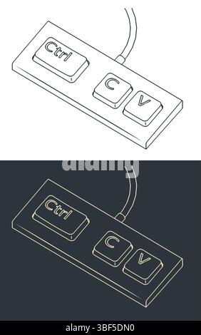 Keyboard with three keys Ctrl C and V stylized ironic and comic vector illustrations Stock Vector