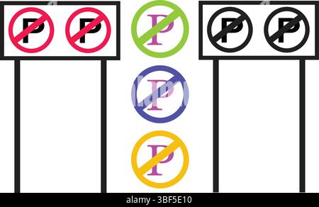 Traffic sign set for no parking, no entry, and warning symbols for urban map and print design. Stock Vector