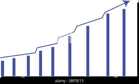 Blue bar graph with growth arrow for business stats, data visualization, finance infographics. Stock Vector