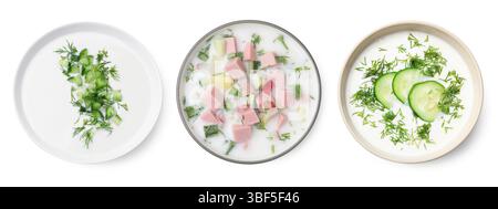 Cold soups in bowls isolated on white, set. Top view Stock Photo