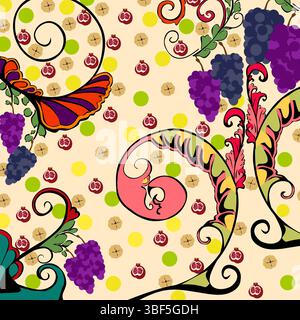 Retro style seamless pattern depicts the beauty of the types of fruits in heaven (grapes, pomegranate, banana). Vector illustration. Perfect for wallpaper or textile. Stock Vector