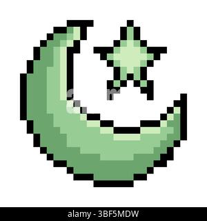 Crescent moon and star shape in pixel art Stock Vector