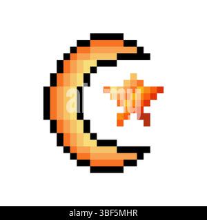 Crescent moon and stars in pixel art Stock Vector