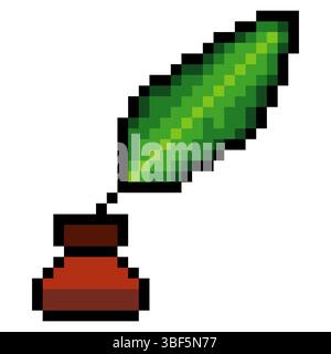Quill pen and ink well in pixel art style Stock Vector