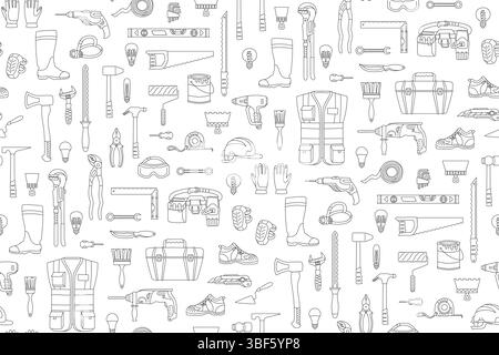 Building tools construction equipment doodle seamless pattern. Repair finishing works. House construction industry trendy boundless background. Endless line design paper print fabric wrapper template Stock Vector