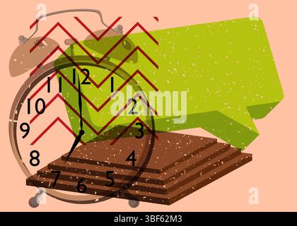 Risograph Alarm Clock with speech bubble with geometric shapes. Objects in trendy riso graph print texture style design with geometry elements. Stock Vector