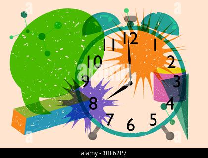 Risograph Alarm Clock with speech bubble with geometric shapes. Objects in trendy riso graph print texture style design with geometry elements. Stock Vector