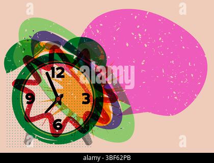 Risograph Alarm Clock with speech bubble with geometric shapes. Objects in trendy riso graph print texture style design with geometry elements. Stock Vector
