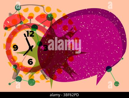 Risograph Alarm Clock with speech bubble with geometric shapes. Objects in trendy riso graph print texture style design with geometry elements. Stock Vector