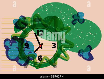 Risograph Alarm Clock with speech bubble with geometric shapes. Objects in trendy riso graph print texture style design with geometry elements. Stock Vector