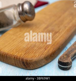 Wooden oak cutting board. Kitchenware. Copy space Stock Photo