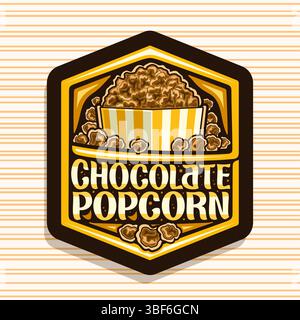 Vector logo for Chocolate Popcorn, dark hexagon sign with cartoon design maize popcorn in carton bag, decorative square poster with unique lettering f Stock Vector