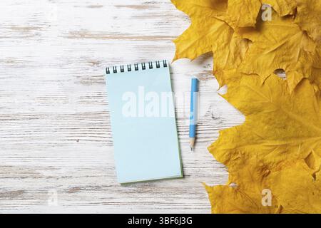 Spiral notepad and pen lies on vintage wooden desk with bright foliage. Flat lay composition with autumn leaves on white wooden surface. Day planning Stock Photo