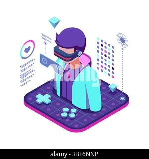 Isometric Metaverse Avatar with Neon Outfit and VR Headset. Metaverse Avatar Concept Stock Vector