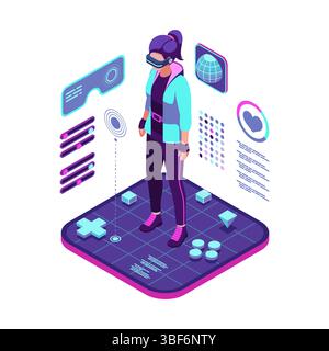 Isometric Woman Metaverse Avatar with Neon Outfit and VR Headset. Metaverse Avatar Concept Stock Vector