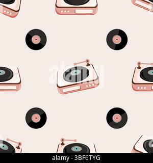 Retro turntable and vinyl record seamless pattern Stock Vector