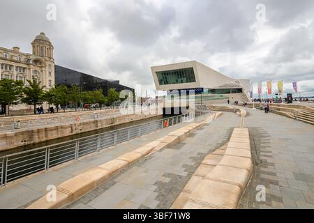 Liverpool, UK - July 20, 2019: Modern architectural buildings and museums along the Liverpool waterfront in black and white Stock Photo