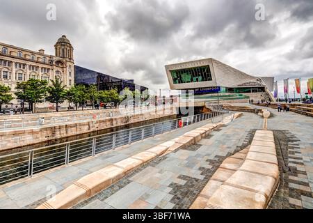 Liverpool, UK - July 20, 2019: Modern architectural buildings and museums along the Liverpool waterfront in black and white Stock Photo