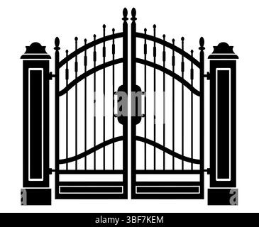 Black wrought iron gate design vector illustration for security entrance privacy fence architecture building Stock Vector