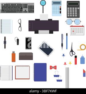 Workspace office tools set, essential graphic flat design Stock Vector