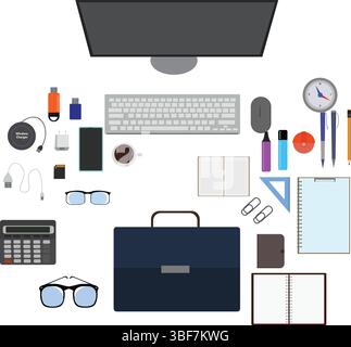 Workspace office tools set, essential graphic flat design Stock Vector