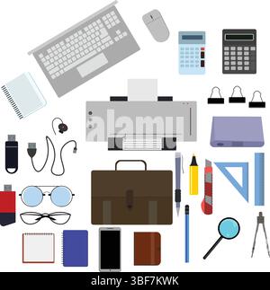 Workspace office tools set, essential graphic flat design Stock Vector