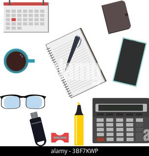 Workspace office tools set, essential graphic flat design Stock Vector