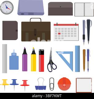 Workspace office tools set, essential graphic flat design Stock Vector