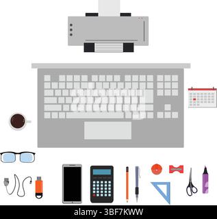 Workspace office tools set, essential graphic flat design Stock Vector