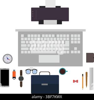 Workspace office tools set, essential graphic flat design Stock Vector