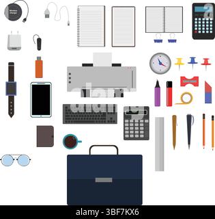 Workspace office tools set, essential graphic flat design Stock Vector
