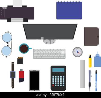 Workspace office tools set, essential graphic flat design Stock Vector