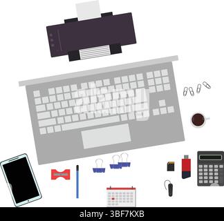 Workspace office tools set, essential graphic flat design Stock Vector