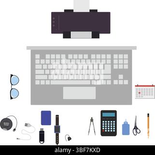 Workspace office tools set, essential graphic flat design Stock Vector
