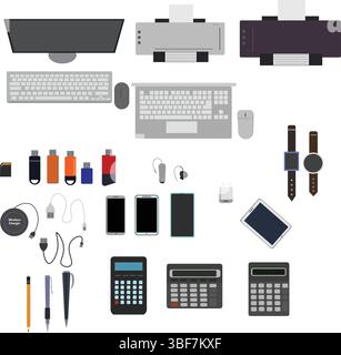 Workspace office tools set, essential graphic flat design Stock Vector