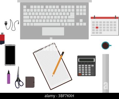 Workspace office tools set, essential graphic flat design Stock Vector